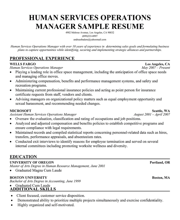 HUMAN SERVICES OPERATIONS MANAGER RESUME TEMPLATE