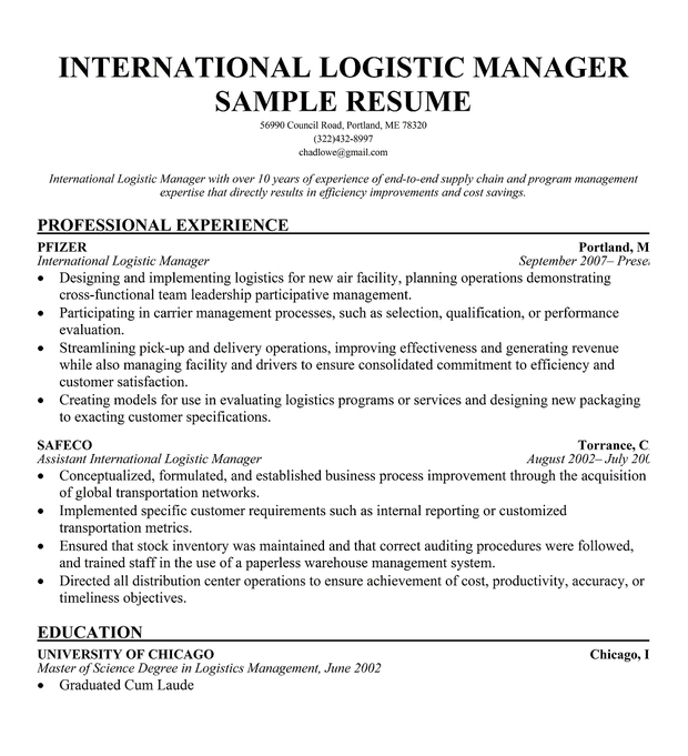 logistic manager resumes