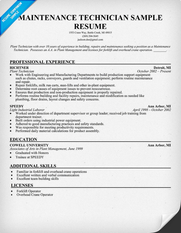 Maintenance electrician sample resume