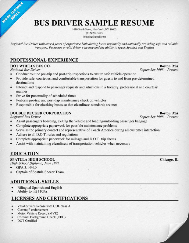 Bus Driver Resume Sample