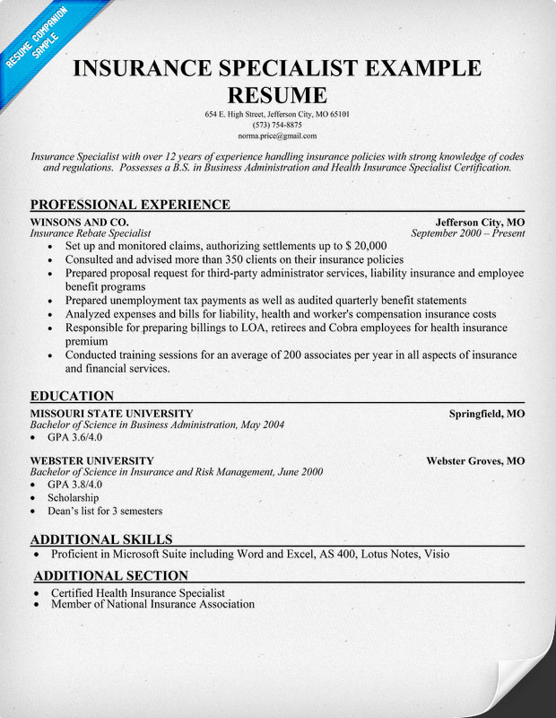 Health insurance resume examle