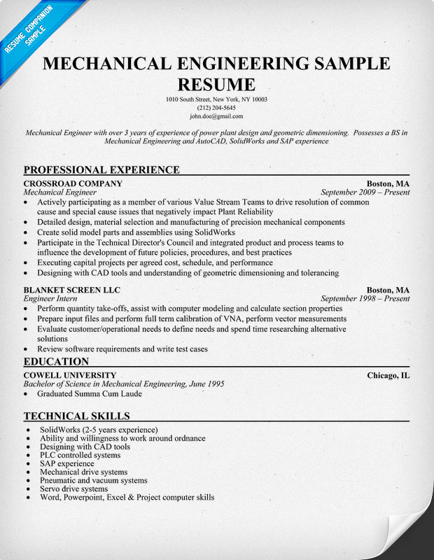 Mechanical Engineering Resume Sample