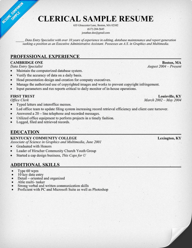 Free resume for clerical position