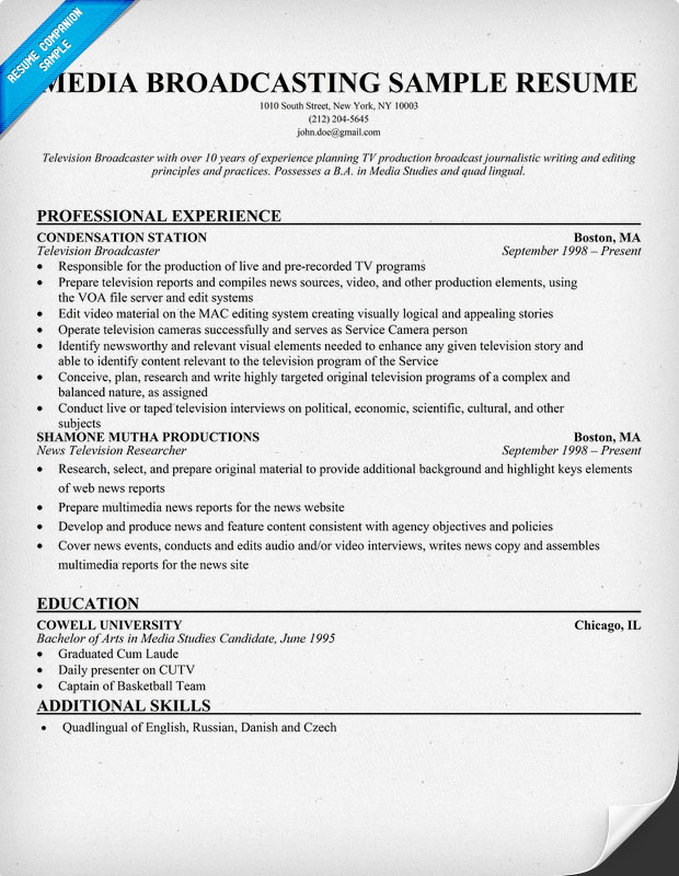 MEDIA BROADCASTING RESUME TEMPLATE