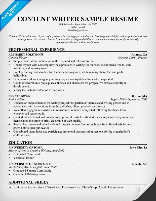 resume for content writer