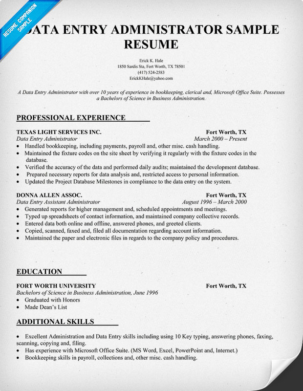 DATA ENTRY ADMINISTRATOR RESUME TEMPLATE