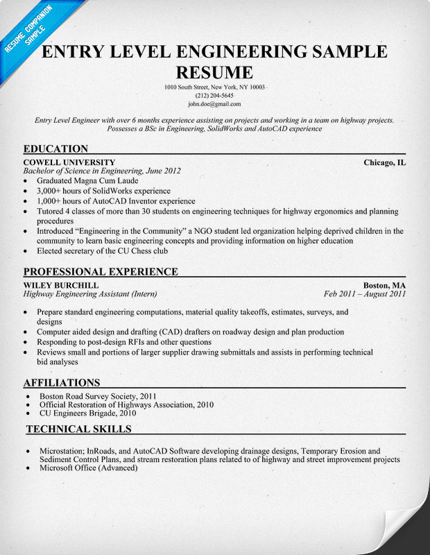 Entry level chemical engineer resume example