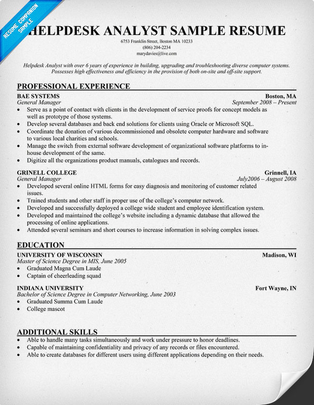 Helpdesk Support Analyst Resume Sample