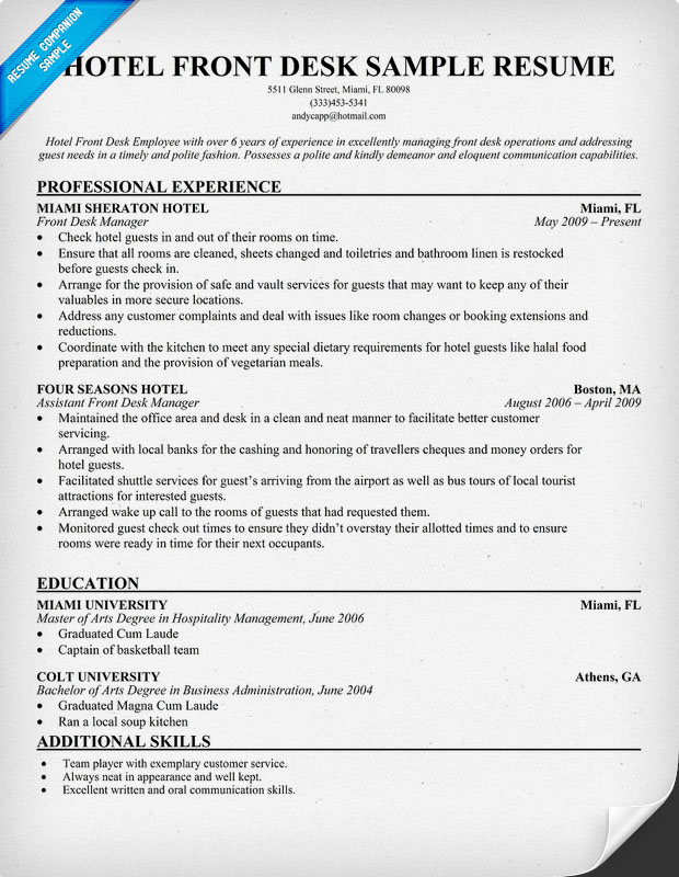 Front Desk Clerk Resume Sample Free Resume Template