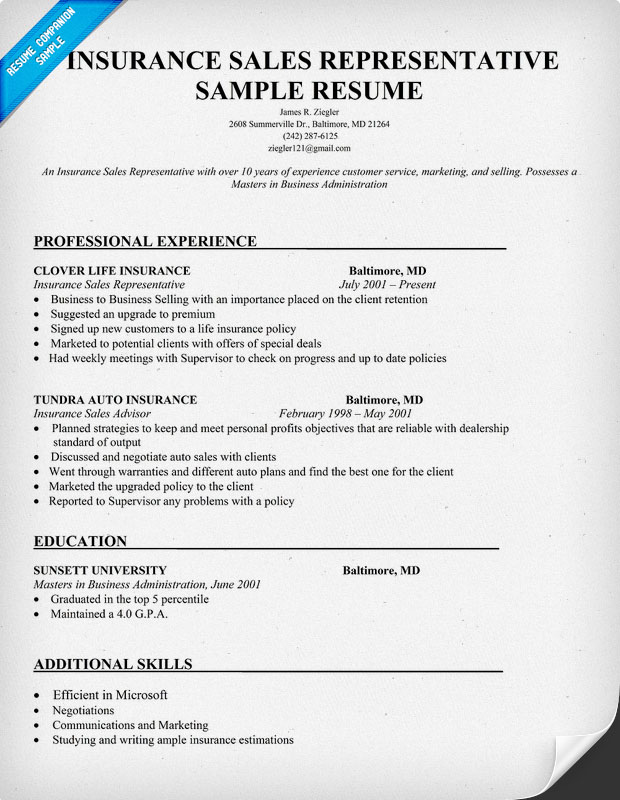 Sample resume for insurance sales representative