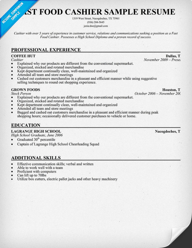 Cashier free resume