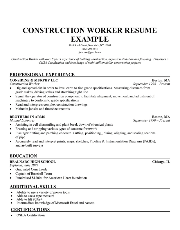 Construction Labor Resume Sample | Resume Companion