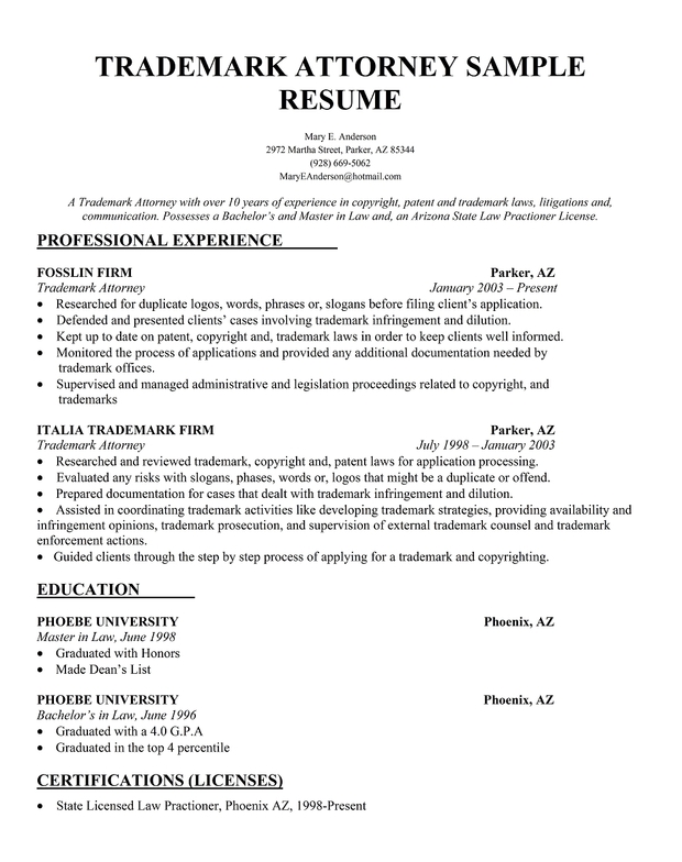 trademark attorney resume