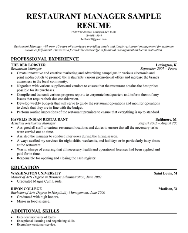 Resume examples for restaurant managers